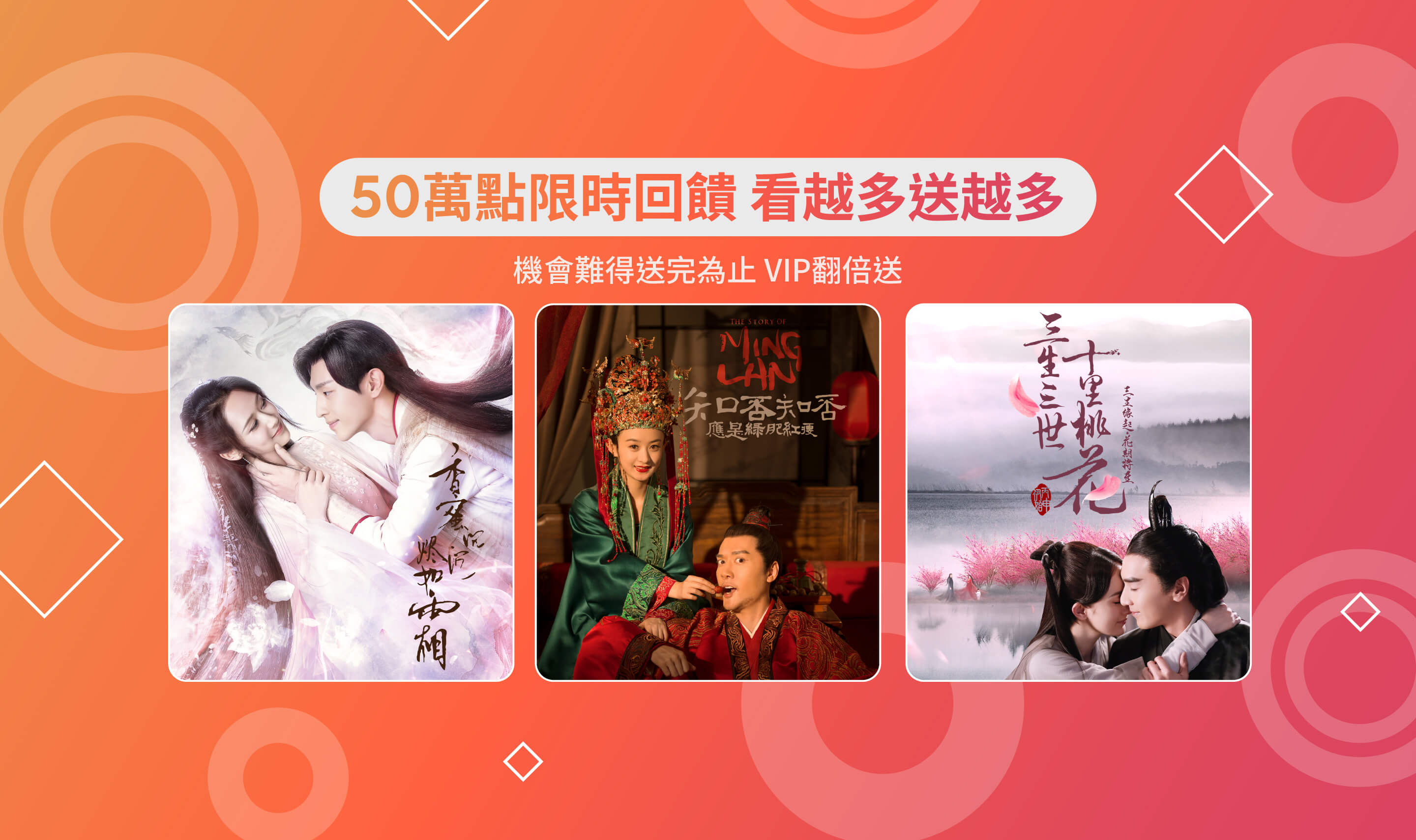 【追劇贈點】50萬點限時回饋,戲劇看越多點數送越多,VIP會員翻倍送!